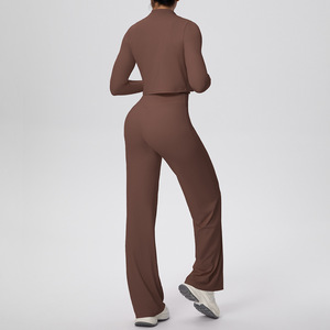 Abbigliamento da donna in tinta unita spazzolato aderente all'americana lungo a tre pezzi Set da Yoga sportivo da corsa - Product Image 6