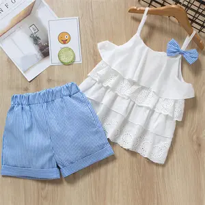 Sin mangas del verano del bebé conjuntos de ropa de niña de lindo chicas sol Top a rayas pantalones cortos cómodos dos piezas traje venta al por mayor