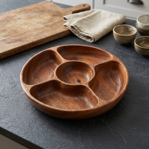 Bandeja Redonda de Madera con Divisiones para Servir Aperitivos, Plato de Madera de Acacia con 5 Compartimentos para Servir Frutos Secos y Nueces - Product Image 2