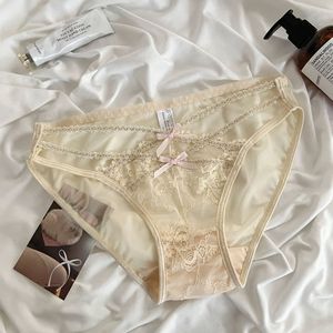 Braguitas de bikini de encaje transparente para mujer, de talle bajo, con tiras cruzadas y lazo decorativo, lencería sexy elástica y suave para mujer, OEM ODM - Product Image 1