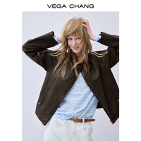 VEGA CHANG Vente en gros de manteaux courts rétro pour femmes en marron foncé avec manches contrastées, fermeture éclair sur le devant et poches zippées