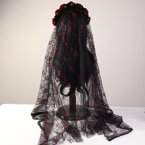 European American <b>Black</b> Skull Mesh Veil Simulation <b>Rose</b> Lace Edge Accessories Halloween Birthday Holiday Headband Costume - Product Image 2