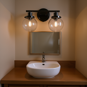 Aplique de pared de tocador de baño negro de 2 luces, lámpara de 2 luces montada en la pared Vintage, pantalla de vidrio transparente para sala de estar, porche, Oficina - Product Image 2