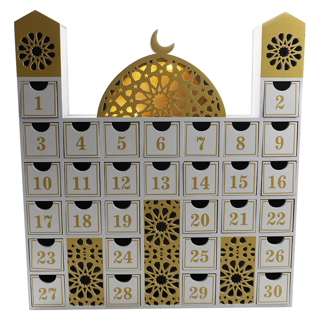 Neuzugang Eid Mubarak Festival hölzerne LED-Lichter Schloss Kalender Schränke Heim Tischplatte Dekorationen Countdown-Schmuck