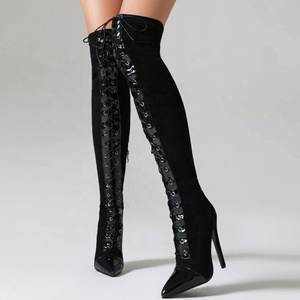 Large Size 48 Lace up Stretchy Thigh High <b>Boots</b> Women's Stiletto Over-knee Long Booties Thin Heels Wide Leg Fit - Product Image 1