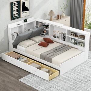 Cama de almacenamiento multifuncional de madera con estantes y cajones para muebles de dormitorio en blanco y gris. - Product Image 1