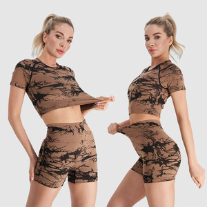 Tie Dye 2 pièces ensemble <span class=keywords><strong>de</strong></span> gymnastique femmes Fitness sans couture à manches courtes haut court Yoga Shorts ensembles vêtements d'entraînement vêtements <span class=keywords><strong>de</strong></span> sport costume pour les femmes - Product Image 2