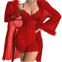 Ensemble 2 pièces de vêtements d'intérieur sexy en dentelle pour femme, col en V, robe et nuisette, collection été 2025, idéal pour les vacances à la maison