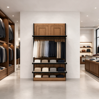 Portant à vêtements en MDF grain chêne avec cadre métallique noir, barre de suspension, 3 étagères blanches et tiroir inférieur, vente en gros CE