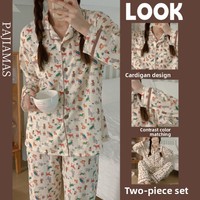 Ensemble de pyjama pour femmes à imprimé floral, en crêpe, manches longues, vêtements de nuit en deux pièces, boutonné, respirant, ensemble de vêtements de détente pour femmes