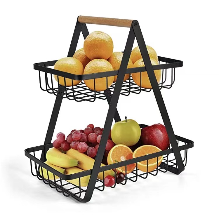 2 Tier Fruit Storage Basket Countertop for Kitchen Bread Vegetable Fruit Basket Bowl Stand Detachable Metal Wire Basket