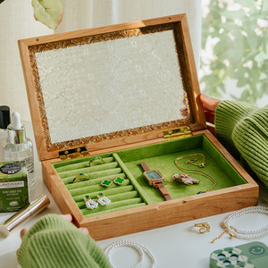 Furun Cherry Wood <b>Vintage</b> Jewelry <b>Box</b> Rectangle Glass Lid Ring Necklace Bracelet Storage Organizer - Product Image 3