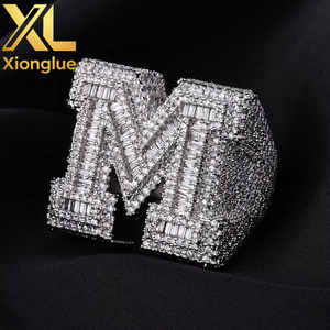 Custom Fashion Shiny Copper 18K Gold Plated <b>Initial</b> M Letter Micro Pave Baguette Zircon Hop <b>Ring</b> - Product Image 2