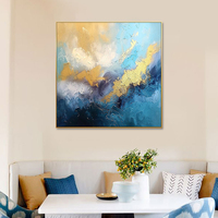 Contemporain De Luxe Bleu Toile Mur Art Peint À La Main Vagues Dorées Moderne Huile Horizon Peinture Cadre Contemporain Décor À La Maison