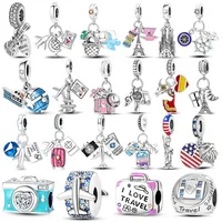 Breloques 925 Argent Sterling Malle Passeport Avion Mignon Globe Perles Zircon DIY Bracelet Bijoux Cadeau Personnalisation