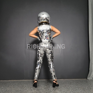 Richshining Unisexe Argent Miroir Réfléchissant Costume avec Miroir Circulaire Casque <span class=keywords><strong>Disco</strong></span> Paillettes Costumes de Scène pour Bar Party Show - Product Image 6
