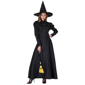 Disfraz de bruja negra para mujer adulta, vestido largo con sombrero, disfraces para actuaciones en escenario, Halloween - Product Image 4