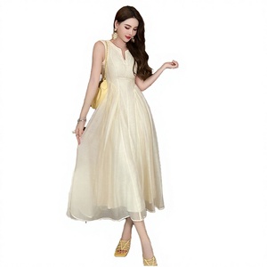 ZYHT 9645 Notched Neck Sleeveless Natural Waist Pleated A-Line Knee-Length Summer Ruffles Solid Color <b>Zipper</b> Eco-Friendly - Product Image 4