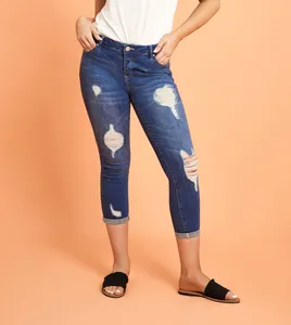 Plus Size Jeans Women Skinny High Waist Stretch Ripped Distressed Jeans Capri for Business Casual Work