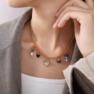 จี้หัวใจหินธรรมชาติชุบทอง 18K สแตนเลสใหม่ สำหรับเครื่องประดับชายหาด ทะเล วันหยุดพักผ่อน DIY เครื่องประดับหลากสี - Product Image 5