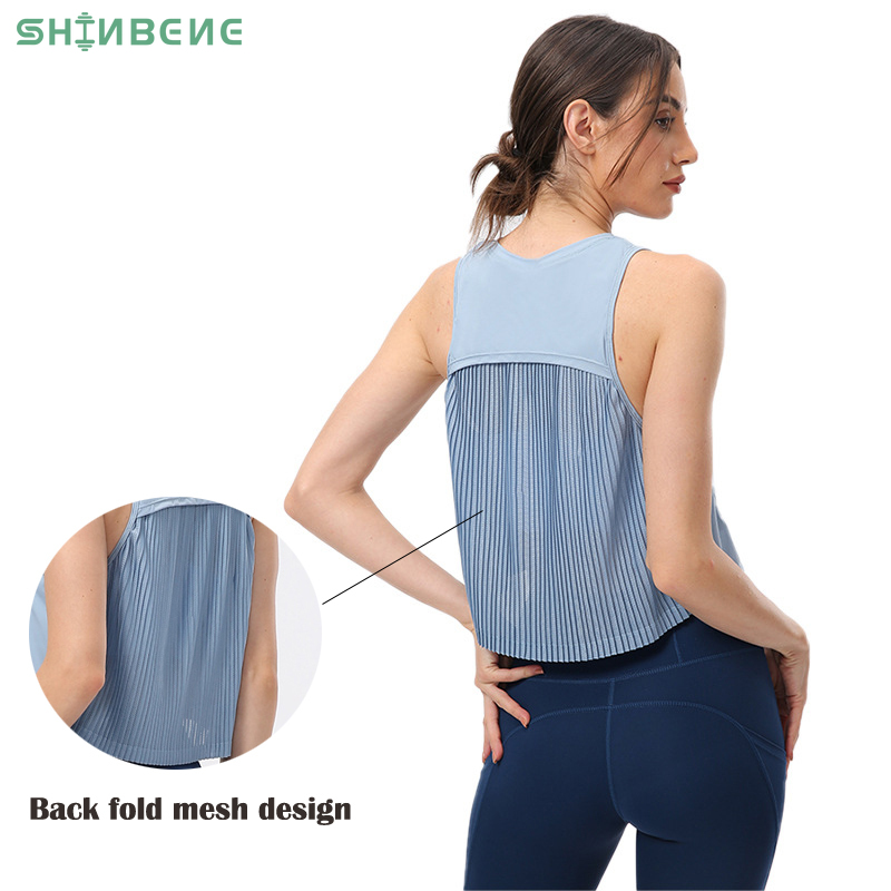 SHINBENE PLEATS High-Neck Yoga Fitness Tank Tops Vest Women Loose Fit Quick Dry Workout Athletic Crop Top Sleeveless Shirts