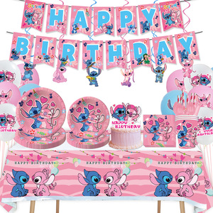 Vaisselle de fête d'anniversaire Interstellar Pink Stitch <span class=keywords><strong>Angie</strong></span> Cartoon, 131 pièces, assiettes en papier, gobelets, serviettes, nappe, boîtes à popcorn - Product Image 1