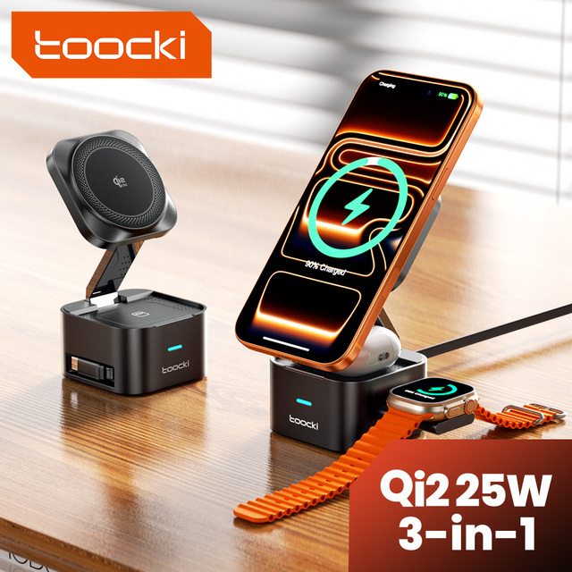Toocki High Speed 25W 3 in 1 Wireless Charging Station Three Devices Simultaneous Charging Retractable Cable for Home Use