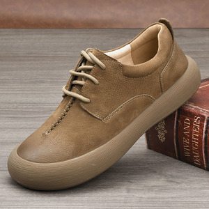 Chaussures de marche pour hommes en cuir véritable, bout rond, lacets, semelle en caoutchouc respirante, style décontracté confortable pour le printemps et l'automne - Product Image 1