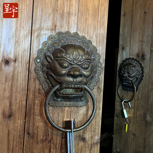 Poignée de décoration de surface en cuivre en forme de tête de lion chinois, 26x19cm, pour portes en bois - Product Image 2