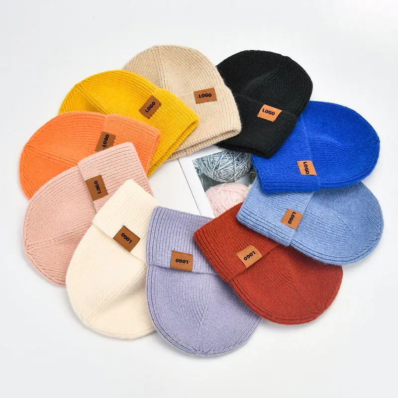 new arrival warm winter skullies knitted hats men women leather patch logo custom wool beanies ski cap