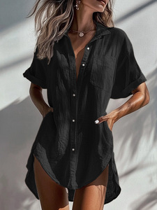 Chemise à manches courtes pour femme, personnalisable, couleur unie, imprimée, avec col à volants, décontractée, longue, style robe - Product Image 5