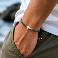 Pulsera de Cuentas Go2boho con Colgante de Cruz, Cuentas Redondas con Baño de Plata Negra, Joyería Religiosa Unisex para Regalo