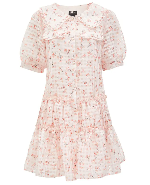 Hot sale Spring summer new fashion Organza Ruffle doll collar floral print short dress for women