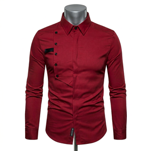 Chemise décontractée élégante pour homme, coupe classique, manches longues, motif sur le devant, logo, tissu tricoté, col roulé, écologique, rouge, 180 grammes - Product Image 1