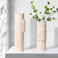 Vase en marbre naturel jaune travertin de luxe léger STONEKOCC, design créatif en tube droit, ornement floral pour la maison et l'hôtel
