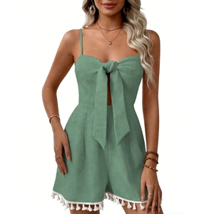 Women's Waffle Knit <b>Tie</b> Front Romper Spaghetti Strap Smocked <b>Back</b> Tassel Hem Casual Summer Jumpsuit for Vacation Fashion - Product Image 1