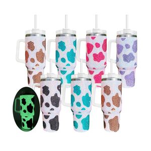 Gobelet 40 oz phosphorescent avec strass motif vache, poignée et paille - Product Image 1