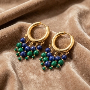 Pendientes de aro con borlas personalizados al por mayor, chapados en oro, con cuentas sintéticas de lapislázuli, joyería hipoalergénica para mujer - Product Image 3