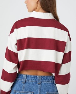 Chemises polo pour femmes à rayures contrastées rouge et blanc surdimensionnées à épaules tombantes avec broderie personnalisée, chemise de <span class=keywords><strong>rugby</strong></span> courte - Product Image 5