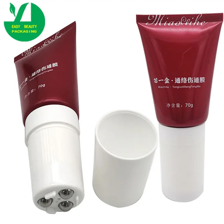 cutomized100 g red cosmetic packaging squeeze massage tube tube for japanese massage oil with Roller Ball