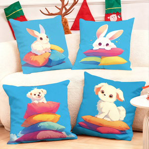 Cute rabbits and puppies on colorful pillows decorate cozy festive living room sofa - Product Image 1