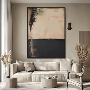 Grande <span class=keywords><strong>peinture</strong></span> <span class=keywords><strong>acrylique</strong></span> abstraite beige et noire Wabi-Sabi peinte à la main sur toile, art mural minimaliste médiéval - Product Image 1
