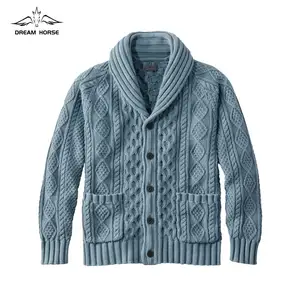 AiNear wholesale custom logo design oem & odm winter long sleeve shawl collar men's cotton knitted fisherman cardigan sweater