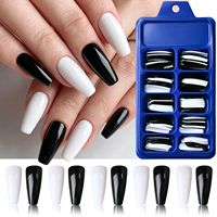 100 Uds./Caja Puntas de Uñas Postizas Largas Negras y Blancas Sólidas, Brillantes, de Cobertura Completa, Estilo Bailarina, Rectas y Cónicas para Extensión de Uñas