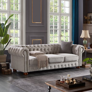 Canapé sectionnel Chesterfield en tissu lin (gris clair) Design capitonné moderne avec pieds en bois Remplissage en mousse à mémoire de forme pour salon - Product Image 3