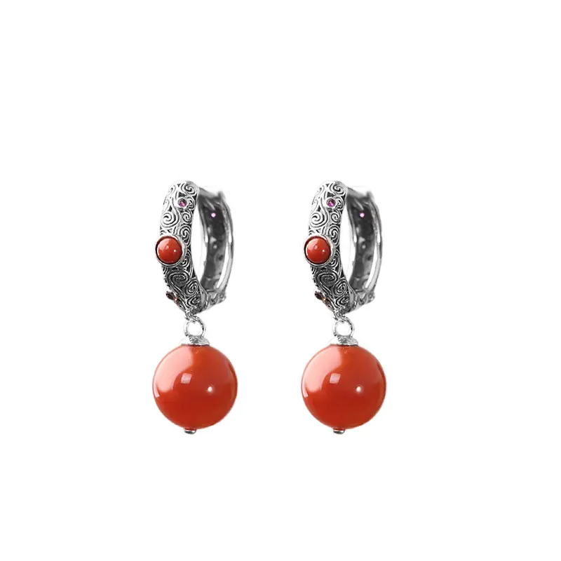 Boucles d'oreilles rétro en argent thaïlandais s925 argent incrusté de boucles d'oreilles en agate rouge du sud boucles d'oreilles creuses pour vieilles dames