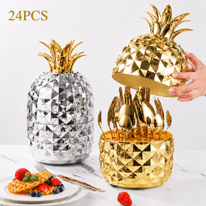 Juego de Cubiertos de Acero Inoxidable de 24 Piezas con Cuchillo, Tenedor y Cuchara Dorados, con Soporte de Almacenamiento de ABS con Diseño de Piña, para Regalo de Boda, Comedor y Hogar - Product Image 1