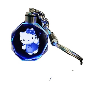 2025 Cheap Wholesale Lovely LED K9 Crystal Hello Kitty Key Chain 3D Custom Laser Engraving for Little Girl Souvenir