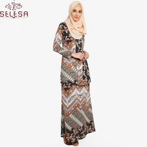 Fashion Modest Islamitische Jurk Roze Kant Stijl Bloem Baju Kurung Peplum Maleisië Baju Melayu Kebaya