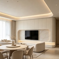 Renovación Completa de Apartamentos de Lujo, Mueble de TV Moderno con Esquinas Redondeadas, Melamina sin Formaldehído, Color Crema, con Iluminación LED Cálida